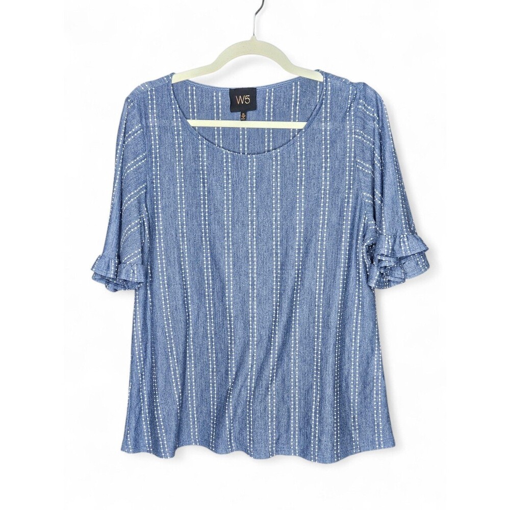 Anthropologie W5 Ruffle Sleeve Blouse Womens XL Blue Striped Boho Lightweight